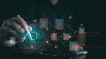 Wall Mural - ai technology. businessman touch brain working data and algorithm of artificial intelligence in the 