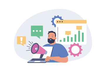 Aufkleber - Marketing and development concept in modern flat design for web. Man with megaphone making advertising and online promotion, analyzing project statistic, makes optimization. Vector illustration.
