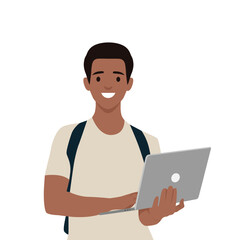 Happy modern student holding laptop. Flat vector illustration isolated on white background