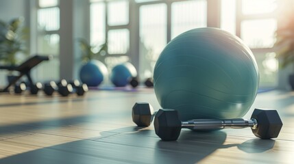 A teal exercise ball and dumbbells in a gym