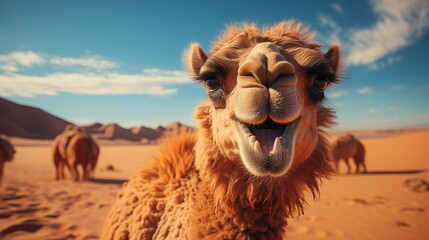 Camel in desert, funny portrait.