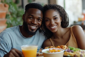 eating and people concept - happy african american couple with takeaway food and drinks at home, Generative AI