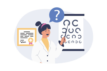 Poster - Medical concept in modern flat design for web. Woman work as ophthalmologist, examining eyes health and vision with tests, makes diagnosis, prescribes treatment and optometry. Vector illustration.