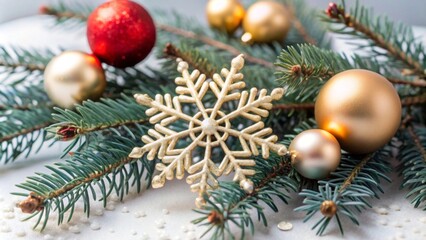 Decorative pine branches with ornaments and a snowflake embellishment for a festive holiday display. 