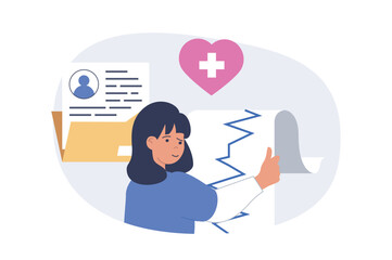 Poster - Medical concept in modern flat design for web. Woman work as cardiologist, making heart diagnosis by heartbeat test check and scan, prescribes treatment and prevention procedures. Vector illustration.