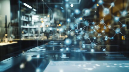 Leinwandbilder - The image shows a sleek, modern laboratory with a glass table in the foreground. A 3D model of a molecule, rendered in blue and white, floats above the table