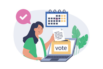 Fototapete - Online voting concept in modern flat design for web. Woman putting blank in ballot box in digital form by laptop, making her political decision in democratic survey in date. Vector illustration.