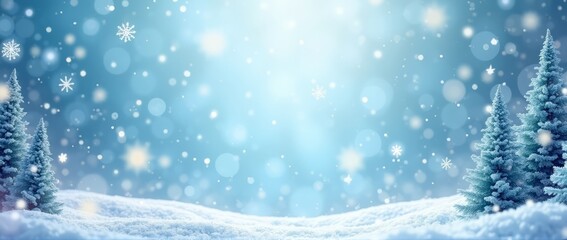 christmas winter banner with bokeh and fluffy snow-covered fir trees and sparkling snowflakes on blu