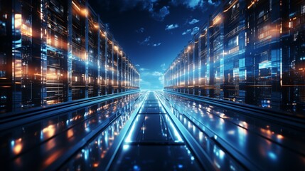Wall Mural - Cinematic Data center full of Server Racks, Server Networking room or Server center providing cloud storage facility and controlled and secure environment for hosting or Storage devices