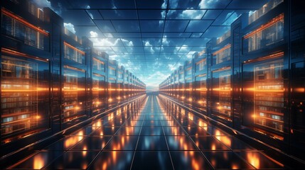 Wall Mural - Cinematic Data center full of Server Racks, Server Networking room or Server center providing cloud storage facility and controlled and secure environment for hosting or Storage devices