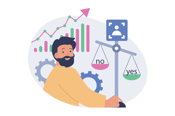 Poster - Online voting concept in modern flat design for web. Man analyzing exit polls and ratings, supporting and choosing his candidate in election list, making political decision. Vector illustration.