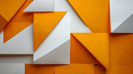 A vibrant, abstract arrangement of overlapping white and orange paper shapes. The geometric pattern features sharp lines and contrasts, making it a perfect modern design for backgrounds or decor.