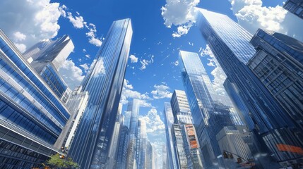 Wall Mural - A daytime scene set in a modern metropolis, featuring towering skyscrapers that dominate the skyline