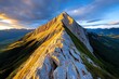 © Thanyarat - Mountain peak at sunset, with dramatic light casting shadows on the rocky cliffs and valleys below