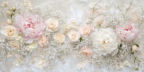 Delicate pink and white peonies, roses, and baby's breath arranged on a white textured background.