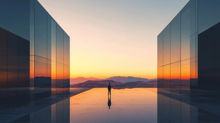 Wall Mural - A minimalist architectural landscape at sunset, featuring two modern reflective glass buildings framing a wide, open space