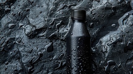 Sticker - Black Bottle with Water Drops on Wet Black Surface