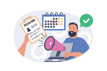 Poster - Recruitment concept in modern flat design for web. Man with loudspeaker searching best candidate resumes, looking cv and approving applicants for job interview in company team. Vector illustration.