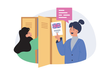 Aufkleber - School learning concept in modern flat design for web. Classmates girls talking by lockers, preparing to english language lesson with book, studying together and doing homework. Vector illustration.
