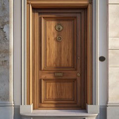 Classic Wooden Doorway: A majestic, solid wood door welcomes you with a timeless elegance, featuring intricate details and a polished finish. The door is set against a neutral backdrop.