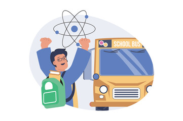 Aufkleber - School learning concept in modern flat design for web. Happy schoolboy with backpack hurrying at yellow bus, preparing to lessons for studying sciences and getting new cognitions. Vector illustration.