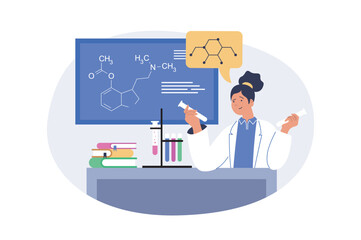 Fototapete - School learning concept in modern flat design for web. Woman working at laboratory, doing chemical tests at tubes and equipment with pupils in class, training students to exams. Vector illustration.