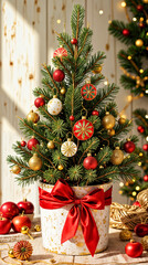 Poster - Festive Small Christmas Tree with Ornaments and Red Bow in Decorated Pot. Christmas or New Year Home Decor.