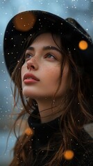 Woman in Hat Looking Up in the Rain - Portrait Photography