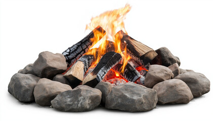 burning wood bonfire with stone on white background