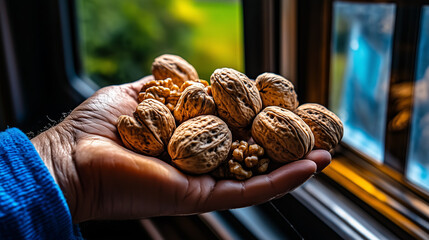 A hand holds a pile of walnuts by a window.