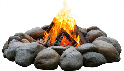 burning wood bonfire with stone on white background