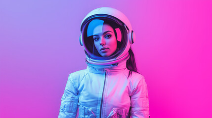 Wall Mural - A woman in a white astronaut suit with a helmet on, lit with blue and pink light.
