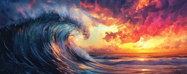 A digital artwork of a giant wave crashing under a colorful sunset sky