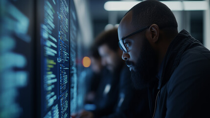 A man with glasses looks intently at a screen displaying lines of code.