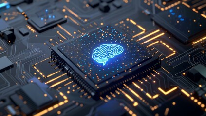 Wall Mural - a computer chip with a blue glowing brain on it. ai.