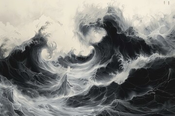 Wall Mural - a painting of a large wave in black and white. ai.