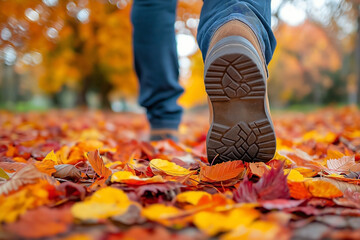 A back view of a man walking through an autumn park, with a close-up focus on his feet. 