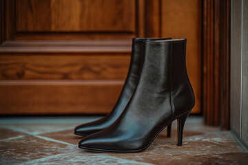 a pair of black short leather ankle high heels boots placed in front of a condominium door. 