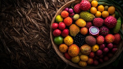 Wall Mural - An overhead view showcases a colorful arrangement of exotic fruits in a woven bamboo basket. Whole and halved mangosteens, rambutans, and dragon fruits create a stunning visual on a straw backdrop