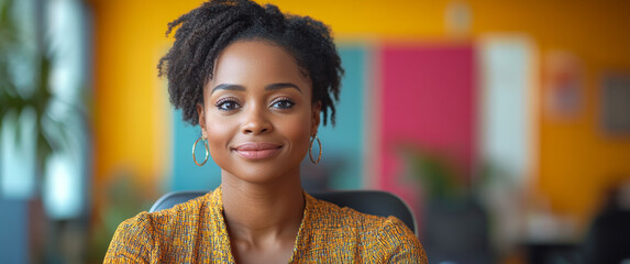 Poster - A woman with a smile on her face is sitting in a chair. She is wearing a yellow shirt and gold earrings