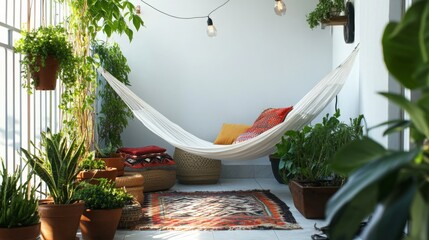 Poster - A relaxing hammock is suspended in a well-lit indoor space surrounded by lush greenery. Cozy cushions and a colorful rug add to the inviting atmosphere, perfect for unwinding.
