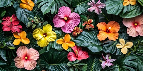 Vibrant tropical flowers and leaves create a lush and colorful backdrop.