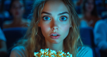 Poster - A woman with blue eyes is holding a bag of popcorn. She is looking at the camera with a surprised expression