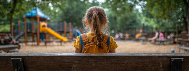 Sticker - A girl sits on a bench in a park. She is wearing a yellow shirt and a backpack. The park is full of people and playground equipment