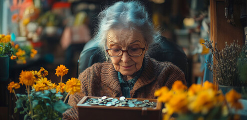 Wall Mural - An elderly woman is sitting in a chair and looking at a box of coins. The scene is set in a room with a vase of flowers and a potted plant