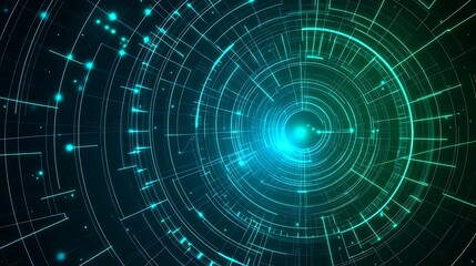 Abstract background with glowing lines and circles in a dark blue and green color scheme.
