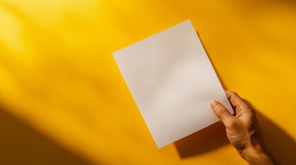 A hand displays a blank sheet of paper angled slightly on a soft pastel yellow backdrop, creating an inviting space for text or design elements ideal for various creative applications