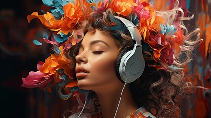 Creative music background. Colorful head wearing headphones on bright background. Sound inspiration and emotions.