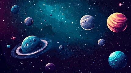 Colorful planets and stars in a vast, dark space.