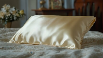 A cream-colored silk pillow placed on a bed, with detailed fabric textures and soft lighting